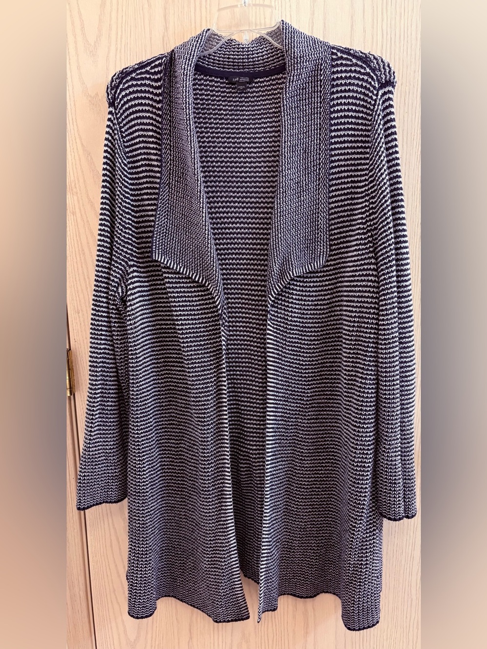 J. Jill Blue and White Long Open-Front Knit Cardigan